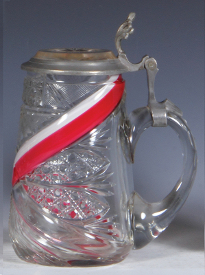 Two glass steins, .5L, blown, clear, pink & white glass swirl in body, cut, excellent pewter strap repair, otherwise mint; with, .5L, blown, white on clear overlay, cut, matching glass inlaid lid, mint. - 2