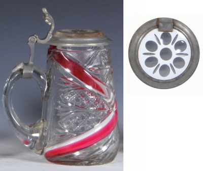 Two glass steins, .5L, blown, clear, pink & white glass swirl in body, cut, excellent pewter strap repair, otherwise mint; with, .5L, blown, white on clear overlay, cut, matching glass inlaid lid, mint. - 3