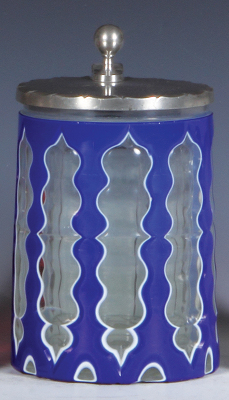 Glass stein, .5L, blown, blue on white on clear overlay, cut, pewter lid, base chip.