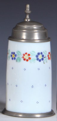 Glass stein, .5L, 8.0'' ht., blown, white milk glass, hand-painted, c1850, pewter lid & base ring, mint.