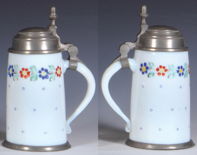 Glass stein, .5L, 8.0'' ht., blown, white milk glass, hand-painted, c1850, pewter lid & base ring, mint. - 2