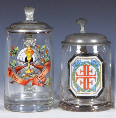 Two glass steins, .5L, pressed, Gut Ziel!, relief pewter lid; stag; with.5L, blown 4F, Gut Heil pewter lid, mint.