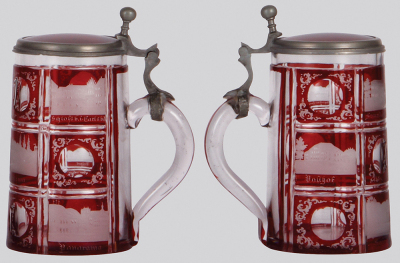 Two glass steins, .5L, blown, clear, red stained, cut, matching glass inlaid lid, mint; with, .4L, blown, clear, red stained, engraved, Carlsbad, red glass inlaid lid, pewter strap glued, otherwise mint. - 4