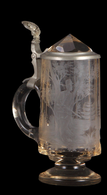 Glass stein, .5L, blown, clear, faceted, engraved hunter & stag, matching glass inlaid lid, a little roughness on edge.