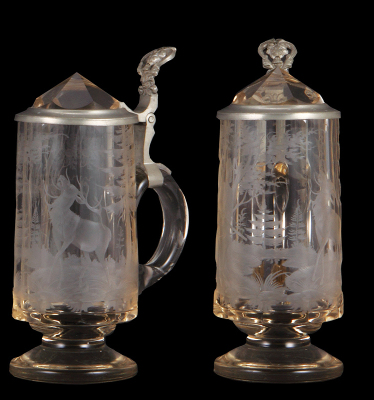 Glass stein, .5L, blown, clear, faceted, engraved hunter & stag, matching glass inlaid lid, a little roughness on edge. - 2