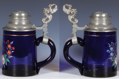 Two glass steins, .5L, blown, blue, mid 1800s, hand-painted, Andenken, pewter lid, mint; with, .5L, blown, clear, cut, figural parian inlaid lid, mint. - 2