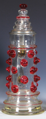 Glass stein, 1.0L, blown, red prunts, matching glass inlaid lid, mint.