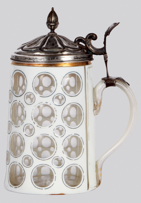 Glass stein, .5L, white on clear overlay, gilded, silver lid, worn gilding on glass.