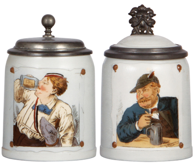 Two Mettlach steins, .5L, 1643, etched, tapestry, pewter lid; with, .5L, 1644, etched, tapestry, inlaid lid, both mint.