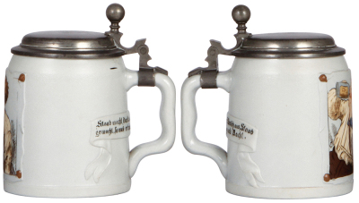 Two Mettlach steins, .5L, 1643, etched, tapestry, pewter lid; with, .5L, 1644, etched, tapestry, inlaid lid, both mint. - 2