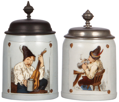 Two Mettlach steins, .5L, 1645, etched, tapestry, pewter lid; with, .5L, 1646, etched, tapestry, pewter lid, both mint.