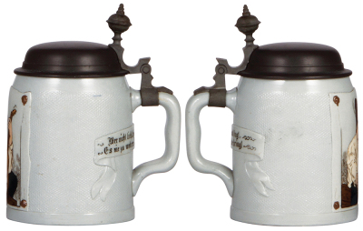 Two Mettlach steins, .5L, 1645, etched, tapestry, pewter lid; with, .5L, 1646, etched, tapestry, pewter lid, both mint. - 2