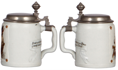 Two Mettlach steins, .5L, 1645, etched, tapestry, pewter lid; with, .5L, 1646, etched, tapestry, pewter lid, both mint. - 3