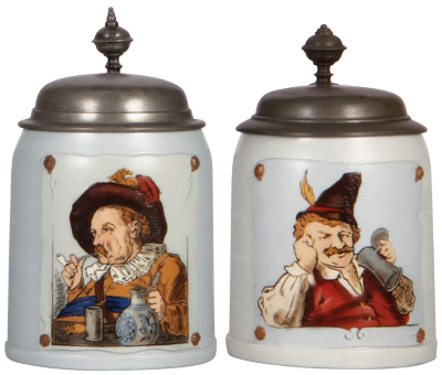 Two Mettlach steins, .5L, 1641, etched, tapestry, pewter lid; with, .5L, 1648, etched, tapestry, pewter lid, both mint.