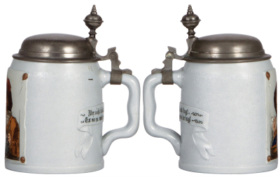 Two Mettlach steins, .5L, 1641, etched, tapestry, pewter lid; with, .5L, 1648, etched, tapestry, pewter lid, both mint. - 2