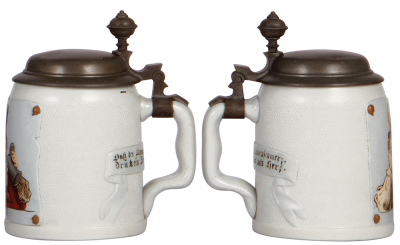 Two Mettlach steins, .5L, 1641, etched, tapestry, pewter lid; with, .5L, 1648, etched, tapestry, pewter lid, both mint. - 3
