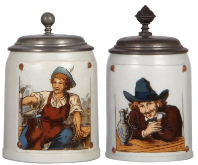 Two Mettlach steins, .5L, 1662, etched, tapestry, pewter lid; with, .3L, 1642, etched, tapestry, pewter lid, both mint.