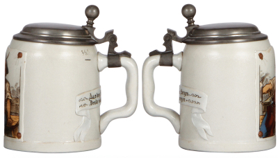 Two Mettlach steins, .5L, 1662, etched, tapestry, pewter lid; with, .3L, 1642, etched, tapestry, pewter lid, both mint. - 2