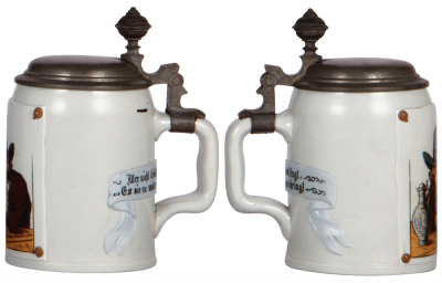 Two Mettlach steins, .5L, 1662, etched, tapestry, pewter lid; with, .3L, 1642, etched, tapestry, pewter lid, both mint. - 3