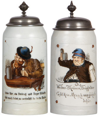 Two Mettlach steins, 1.0L, 1536, etched, tapestry, pewter lid; with, 1.0L, 1647, etched, tapestry, pewter lid, both mint.