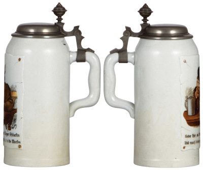 Two Mettlach steins, 1.0L, 1536, etched, tapestry, pewter lid; with, 1.0L, 1647, etched, tapestry, pewter lid, both mint. - 2