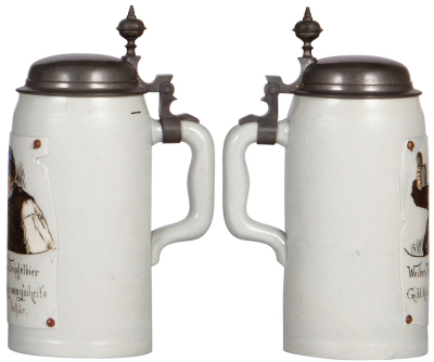 Two Mettlach steins, 1.0L, 1536, etched, tapestry, pewter lid; with, 1.0L, 1647, etched, tapestry, pewter lid, both mint. - 3