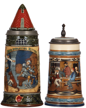 Two Mettlach steins, .1.0L 2382, etched, by H. Schlitt, inlaid lid, hairline at bottom of handle; with, .5L, 2632, etched, inlaid lid, long crack in rear, damaged hinge.