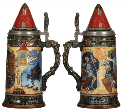 Two Mettlach steins, .1.0L 2382, etched, by H. Schlitt, inlaid lid, hairline at bottom of handle; with, .5L, 2632, etched, inlaid lid, long crack in rear, damaged hinge. - 2