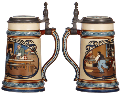 Two Mettlach steins, .1.0L 2382, etched, by H. Schlitt, inlaid lid, hairline at bottom of handle; with, .5L, 2632, etched, inlaid lid, long crack in rear, damaged hinge. - 3