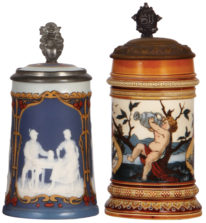 Two Mettlach steins, .5L 2714, cameo, inlaid lid, 3'' hairline in rear; with, .5L, 1396, etched, silver-plated lid, plating is worn, base lines partially repaired.