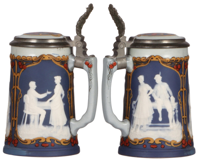 Two Mettlach steins, .5L 2714, cameo, inlaid lid, 3'' hairline in rear; with, .5L, 1396, etched, silver-plated lid, plating is worn, base lines partially repaired. - 2