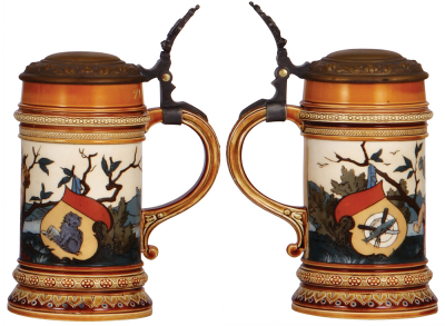 Two Mettlach steins, .5L 2714, cameo, inlaid lid, 3'' hairline in rear; with, .5L, 1396, etched, silver-plated lid, plating is worn, base lines partially repaired. - 3