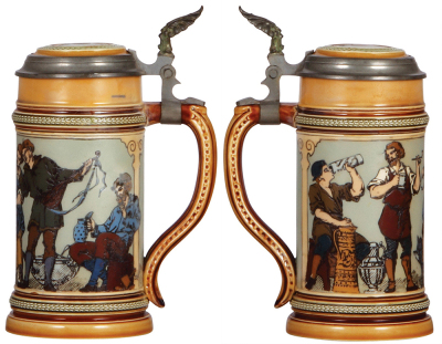 Two Mettlach steins, .5L 1164, etched, inlaid lid, hairlines & chip repaired; with, .5L, 3190, etched, by F. Ringer, inlaid lid, old repair of cracks.. - 2