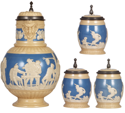 Mettlach stein set, 3.2L, 2210, relief, inlaid lid; with, three .3L, 2211, relief, inlaid lids, all mint.