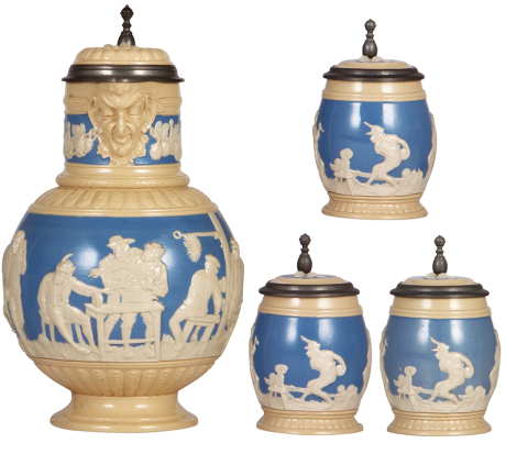 Mettlach stein set, 3.2L, 2210, relief, inlaid lid; with, three .3L, 2211, relief, inlaid lids, all mint.