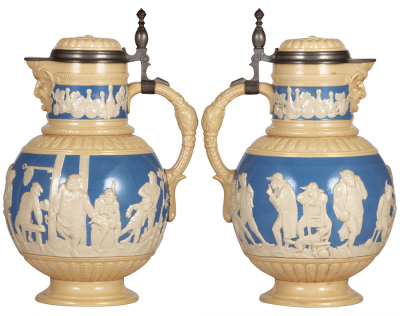 Mettlach stein set, 3.2L, 2210, relief, inlaid lid; with, three .3L, 2211, relief, inlaid lids, all mint. - 2