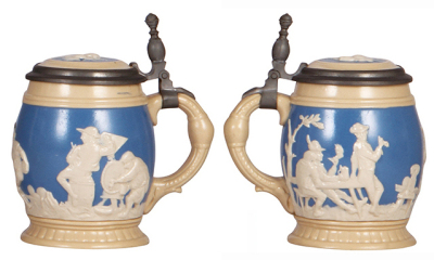 Mettlach stein set, 3.2L, 2210, relief, inlaid lid; with, three .3L, 2211, relief, inlaid lids, all mint. - 3