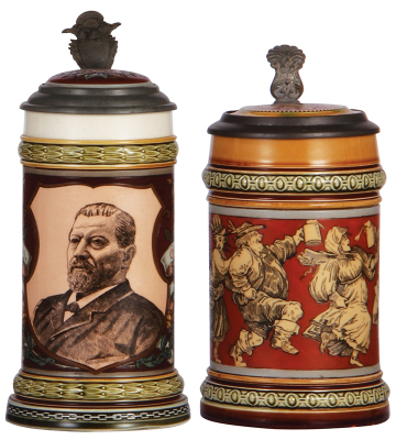 Two Mettlach steins, .5L, 1997, etched & PUG, George Ehret, inlaid lid, flakes in bottom of interior; with, .5L, 2057, etched, inlaid lid, mint.