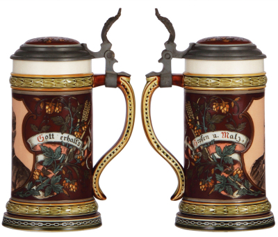 Two Mettlach steins, .5L, 1997, etched & PUG, George Ehret, inlaid lid, flakes in bottom of interior; with, .5L, 2057, etched, inlaid lid, mint. - 2