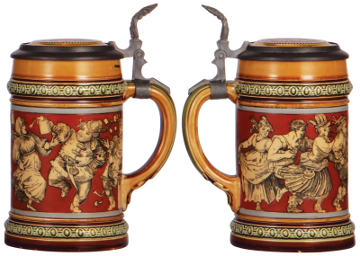 Two Mettlach steins, .5L, 1997, etched & PUG, George Ehret, inlaid lid, flakes in bottom of interior; with, .5L, 2057, etched, inlaid lid, mint. - 3