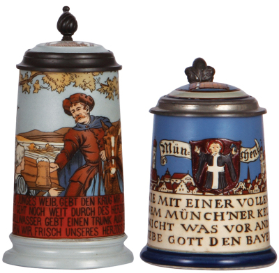 Two Mettlach steins, .5L 2889, etched, inlaid lid, hairline on handle; with, .5L, 2002, etched, München, inlaid lid, mint.