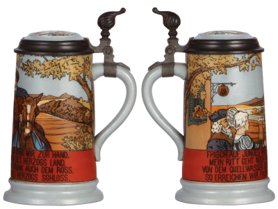 Two Mettlach steins, .5L 2889, etched, inlaid lid, hairline on handle; with, .5L, 2002, etched, München, inlaid lid, mint. - 2