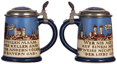 Two Mettlach steins, .5L 2889, etched, inlaid lid, hairline on handle; with, .5L, 2002, etched, München, inlaid lid, mint. - 3