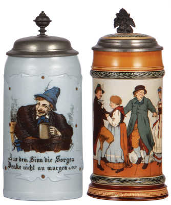 Two Mettlach steins, 1.0L, 1533, etched, by C. Warth, pewter lid, long crack in rear; with, .5L, 1655, etched, inlaid lid, long crack in rear & hairline on handle.