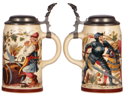 Two Mettlach steins, 1.0L, 1074[1526], PUG, by H. Schlitt, pewter lid, interior browning, otherwise mint; with, .5L, 943[1909], PUG, pewter lid, mint. - 3