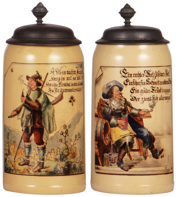 Two Mettlach steins, 1.0L, 597 [1526], PUG, pewter lid, mint; with, 1.0L, 596 [1526], PUG, pewter lid, mint.