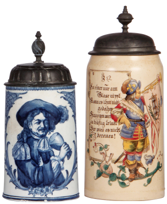 Two Mettlach steins, .5L, 5190, Delft, pewter lid, chips & cut marks around base; with 1.0L, 599[1526], PUG, pewter lid, 4'' hairline under base and handle.