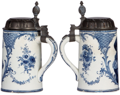 Two Mettlach steins, .5L, 5190, Delft, pewter lid, chips & cut marks around base; with 1.0L, 599[1526], PUG, pewter lid, 4'' hairline under base and handle. - 2