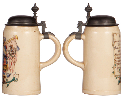 Two Mettlach steins, .5L, 5190, Delft, pewter lid, chips & cut marks around base; with 1.0L, 599[1526], PUG, pewter lid, 4'' hairline under base and handle. - 3