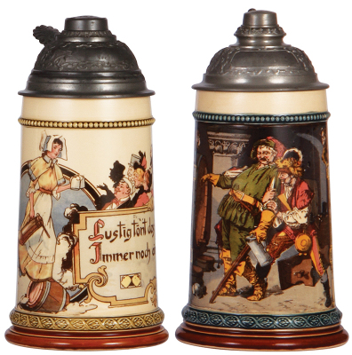 Two Mettlach steins, .5L, 1020[2271], PUG, pewter lid, mint; with, .5L, 1055[2271], PUG, pewter lid, mint.